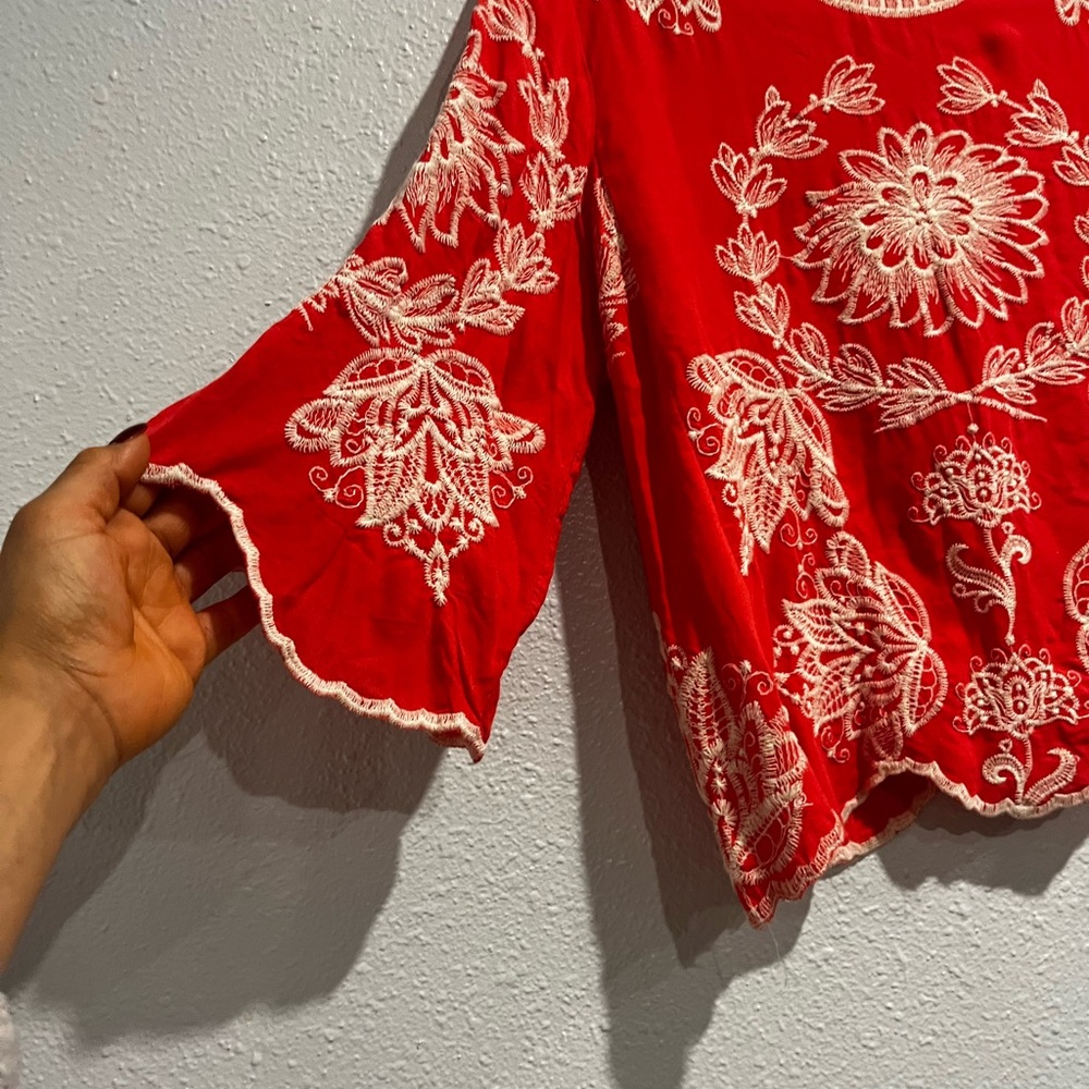 Solitaire Embroidered Bright orange Top Size L Scalloped Boxy Boho. - Picture 8 of 10